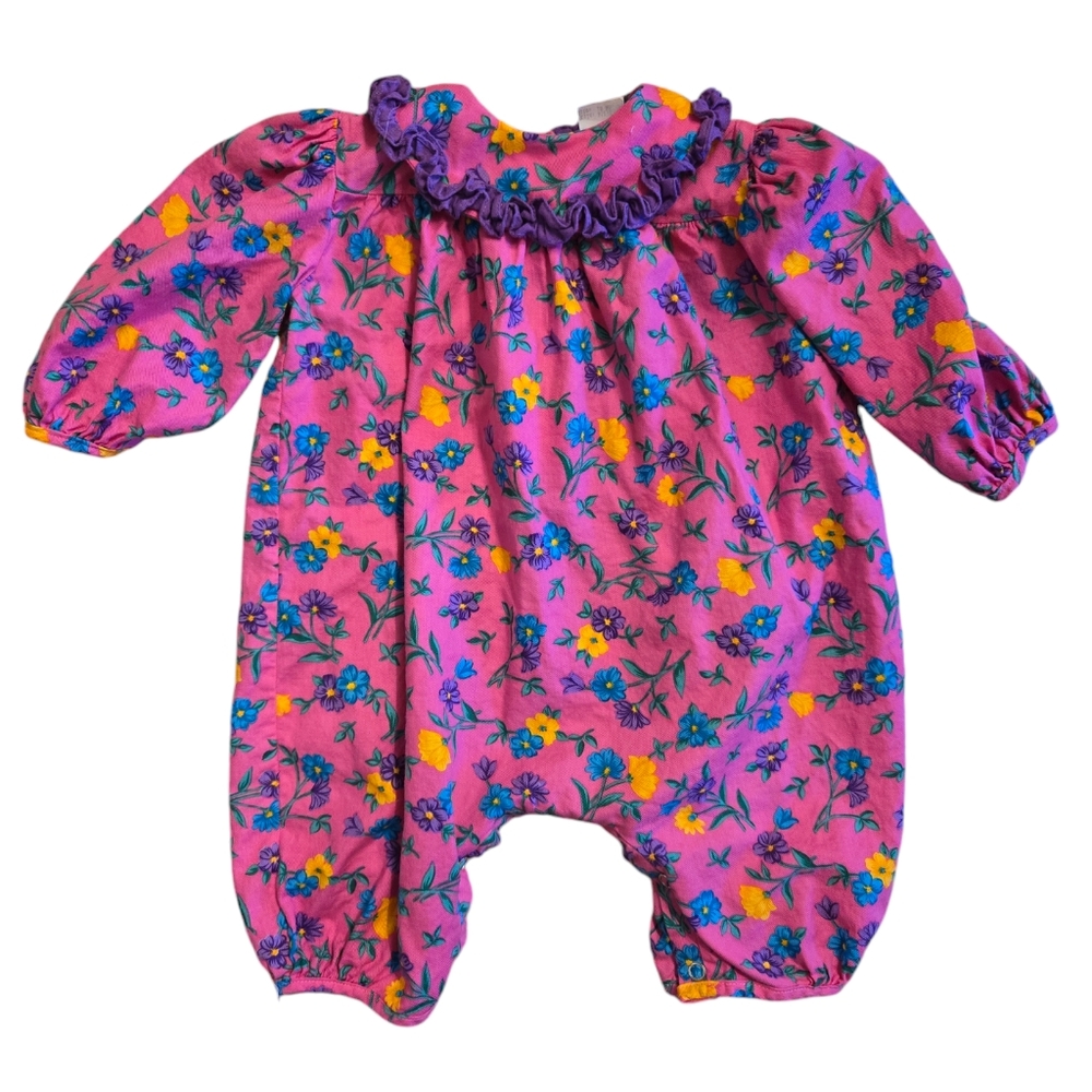 Vintage 1990s Peppercorns pink floral patterned long sleeved romper jumpsuit